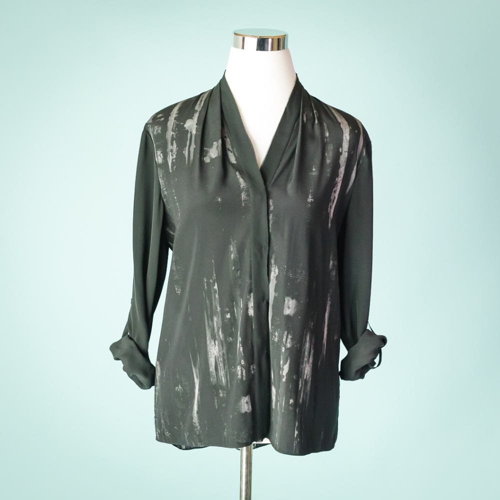 Elie Tahari M Black Grey Print Silk Career Shirt - Picture 1 of 6